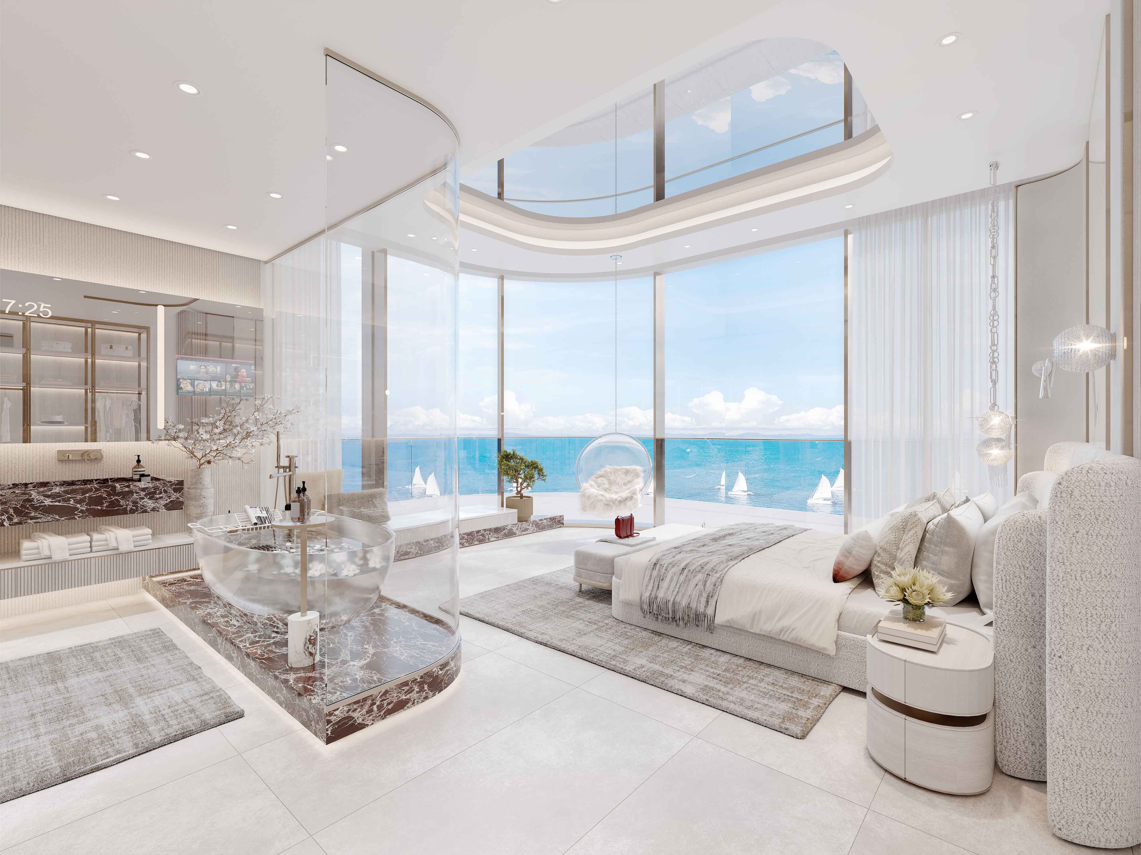 Cotier House By Imtiaz A luxurious bedroom with a glass-walled bathroom, ocean view, and modern decor featuring soft furnishings and plants.